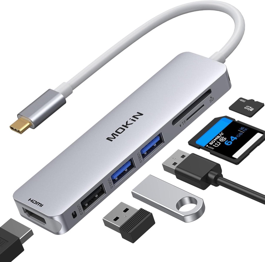 MOKiN 6 in 1 USB C Laptop Hub with 4K HDMI, SD/TF Card Reader, 3xUSB A Port,Multiport Adapter compatible for MacBook Pro/Air, Dell XPS, Lenovo Thinkpad,etc